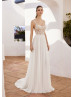 Scoop Neck Ivory Lace Chiffon Flowing Summer Wedding Dress
